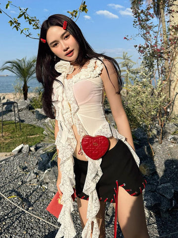 TARUXY Hollow Out Lace Crop Top Women Sexy Off Shoulder Bodycon Bandage Slim Tank Tops Ladies 2024 Folds Lace-up T-shirts Femme