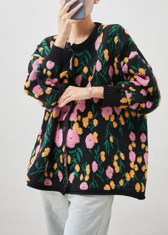 Cárdigan de punto jacquard negro con cuello redondo para invierno 