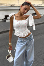 Chic Floral Print Ruffle Tie Cami Top