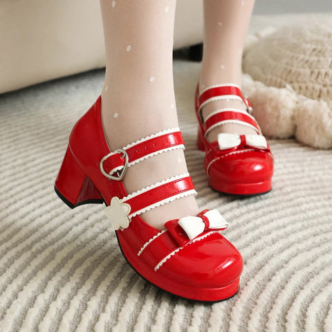 - Zapatos Mary Jane estilo Harajuku japonés de primavera, bonitos, estilo Lolita, para chicas, con punta redonda, colores combinados, para cosplay, con lazo, Kawaii Chic. 