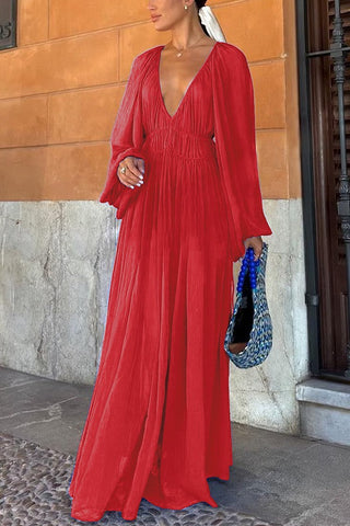 Vestido largo de gasa con cintura fruncida y fruncido 