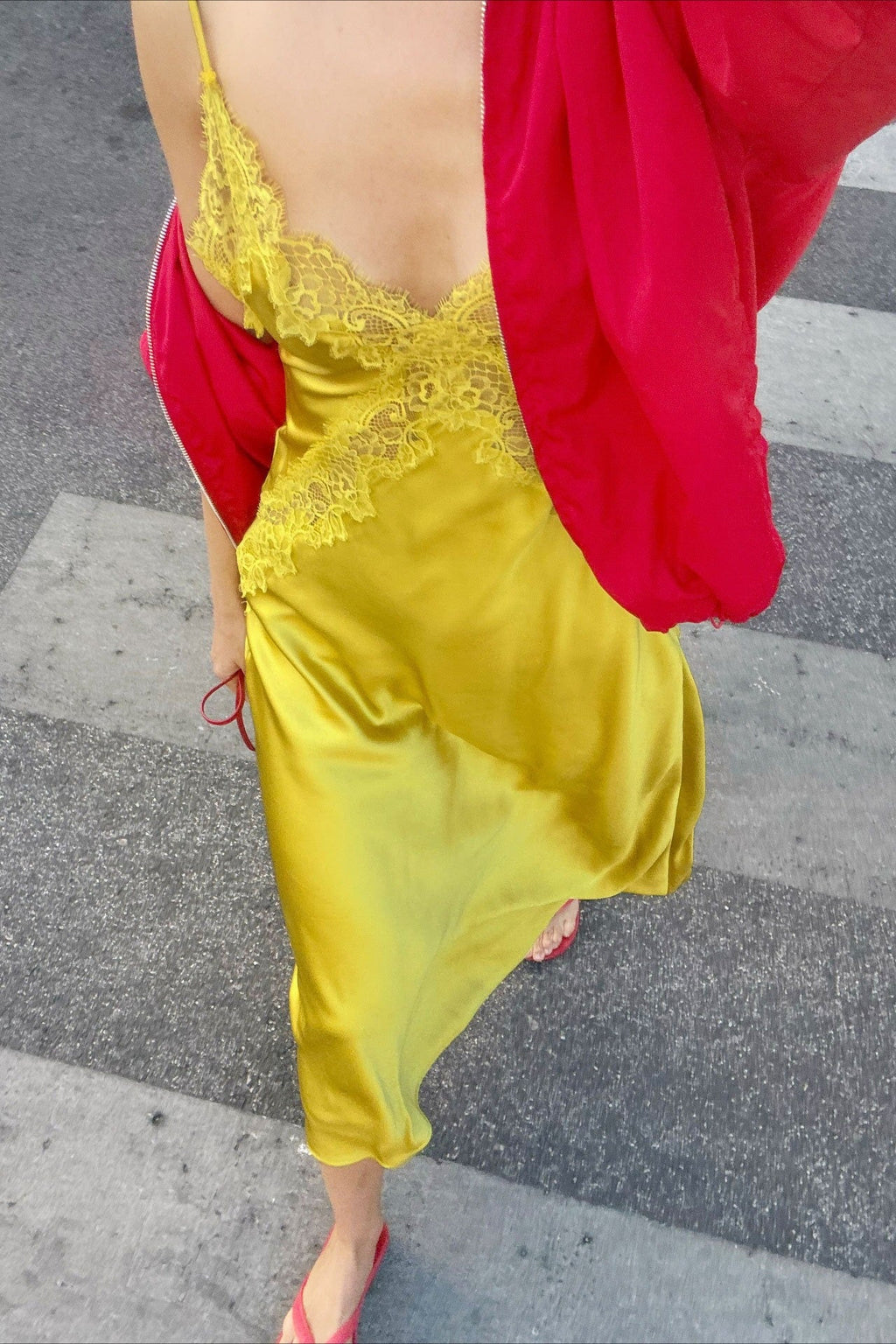 Satin Lace Trim Asymmetrical Sheer Backless Maxi Dress