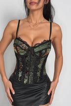 Sexy Mesh Print Lace Insert Underwire Corset Cami Top