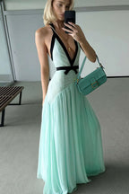 Sexy Deep V Halter Cutout Mesh Maxi Dress