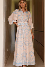 Linen Puff Sleeve Belt Loose Boho Dress