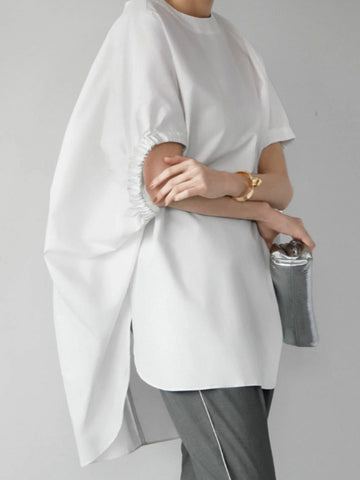 High-Low Loose Elasticity Solid Color Split-Side Rundhals-T-Shirts Tops 