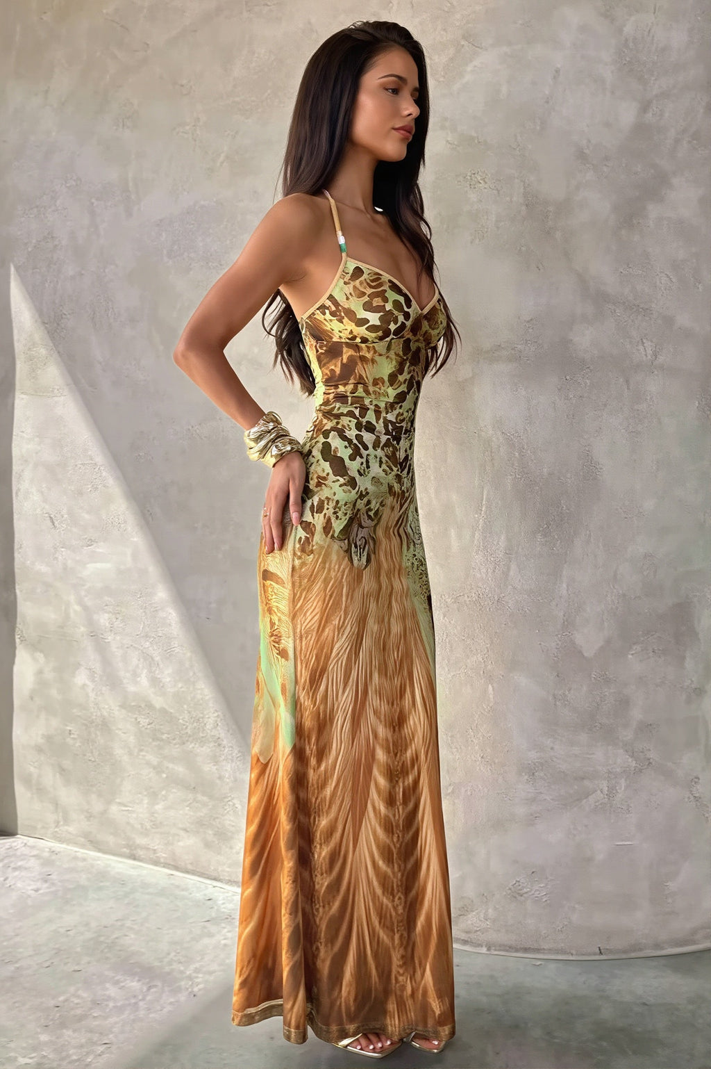 Printed V Neck Cami Slim Bodycon Maxi Dress