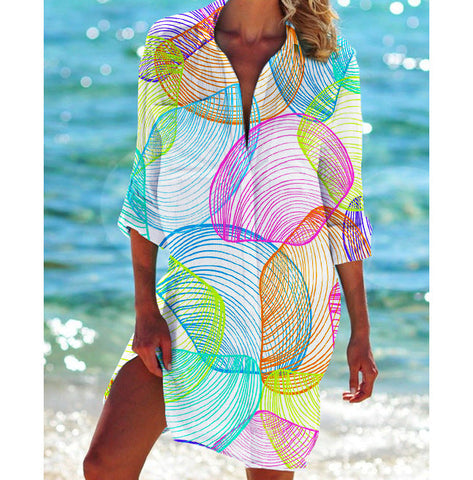 Bikini Coat Swimsuit Cardigan Women's Printed Holiday Beach Shirt
