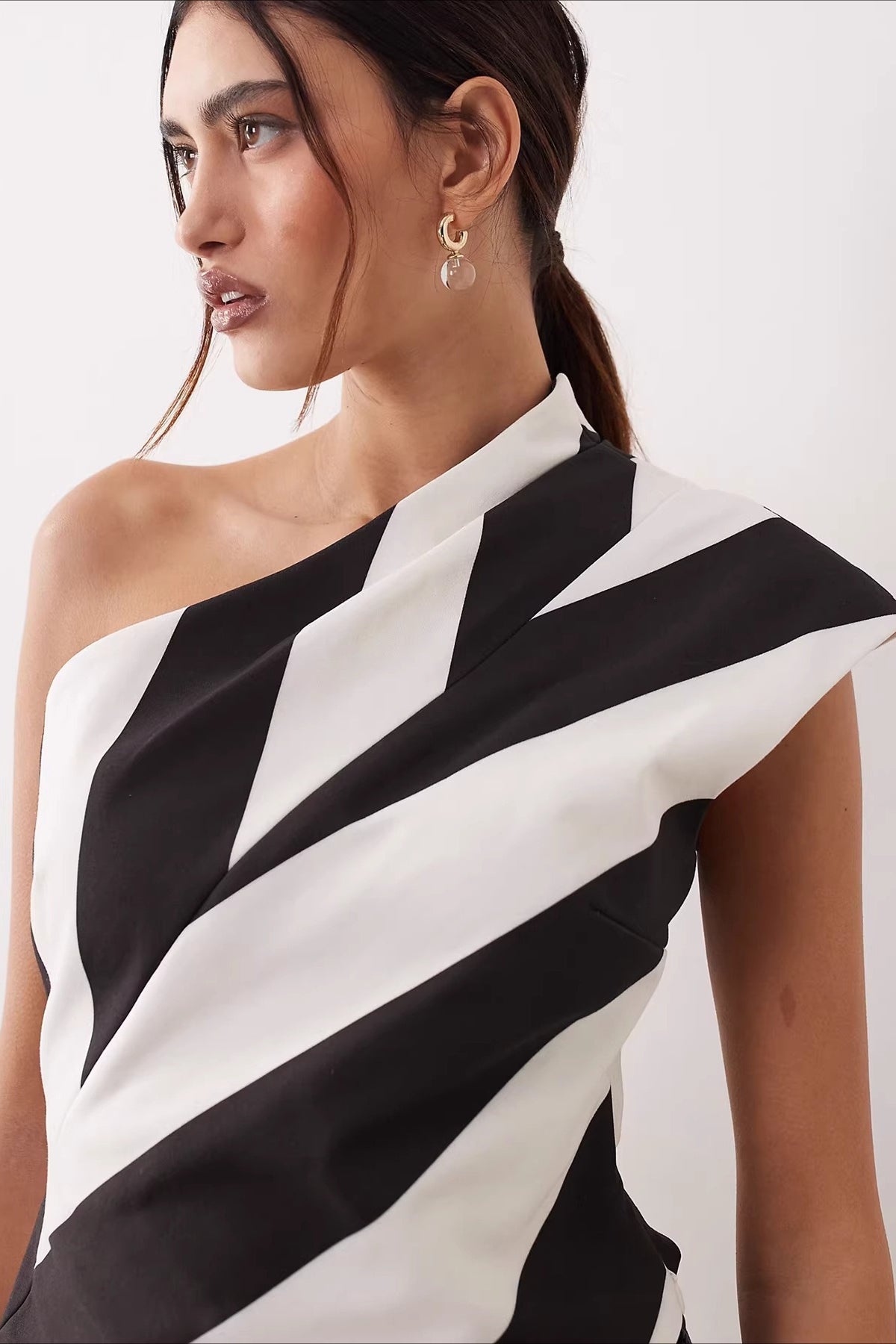 Striped Chiffon One Shoulder Tie Blouse