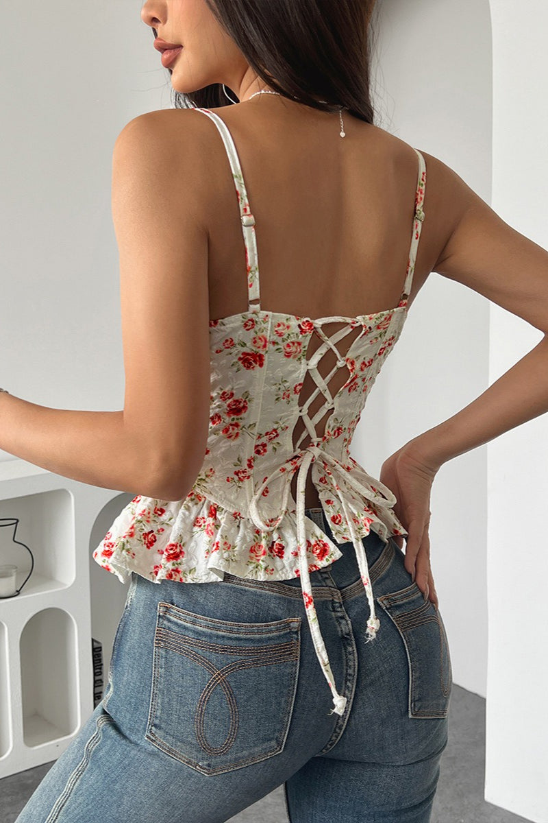 Sexy Floral Lace Up Backless Strapless Ruffle Cami Top