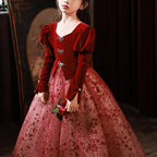Flower Girl Dress Children Pageant Princess Communion Elegant Red Evening Dress