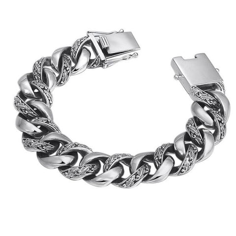 Pulsera de cadena de eslabones tallada en plata de ley 