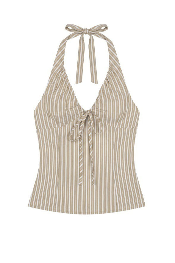 Sweet Striped Tie Backless Halter Top