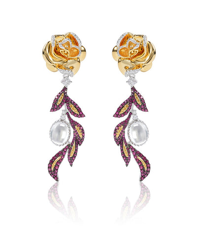 Beautiful Colorblock Sterling Silver Overgild Zircon Jade Floral Drop Earrings