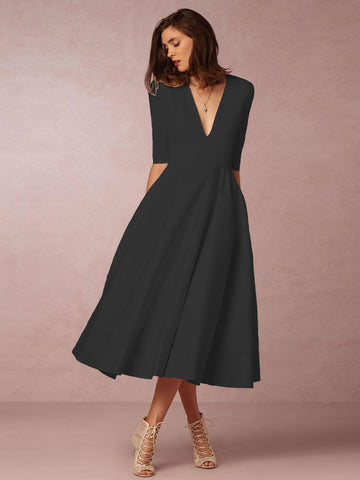 Plunge Midi Dress Half Sleeves Pockets A-Line Prom Dresses