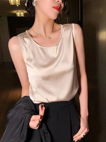 Camisetas de manga corta finas de seda para mujer, ropa de verano, elegantes, lisas, holgadas e informales, 2024 