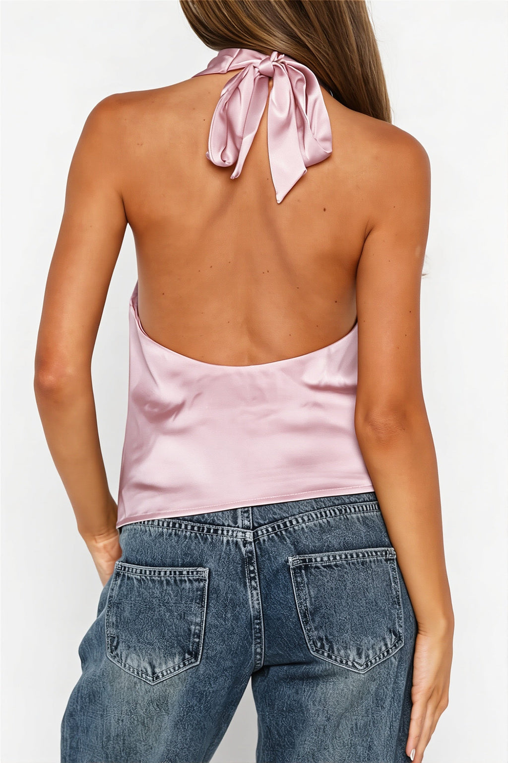 Elegant Hollow Solid Satin Halter Top