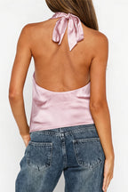 Elegant Hollow Solid Satin Halter Top