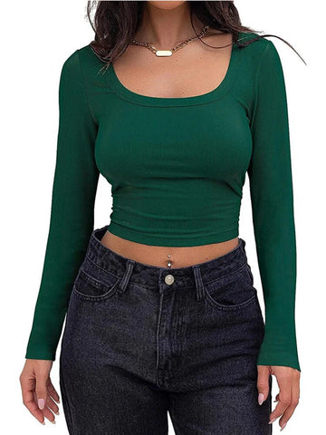 Women's Long Sleeve Square Neck Crop Top Ribbed Slim Fitted Y2K Casual T-Shirt Tops