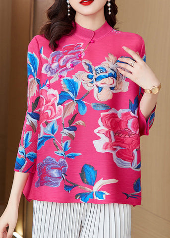 Damen Tops aus Baumwolle mit Rosen-Knopf-Print und Armbandärmeln 