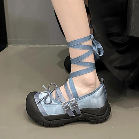Flats Bow Ballet Dance Shoes Women Rome Shallow Sandals 2024 Autumn Designer New Platform Shoes Fashion Lace Up Female Chaussure