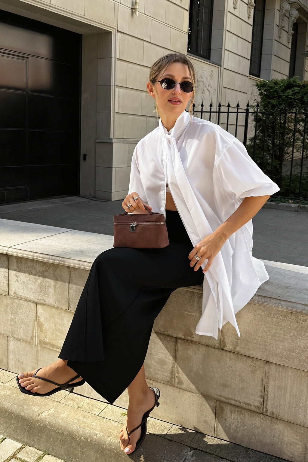 Stand Collar Tie White Elegant Blouse