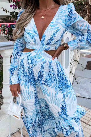 Vestido largo con escote en V y estampado floral 