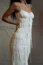 Lace Pleated Backless Suspender Maxi Dress