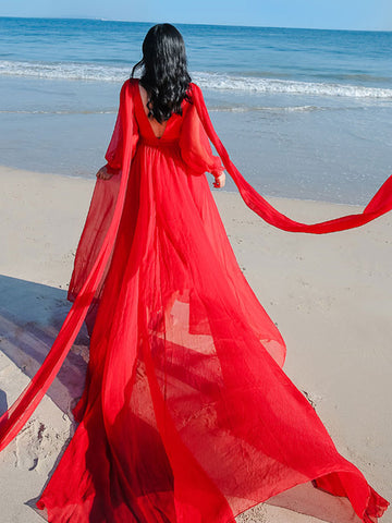 White Maxi Dress Long Sleeves Crepe Chiffon Beach Wedding Dress