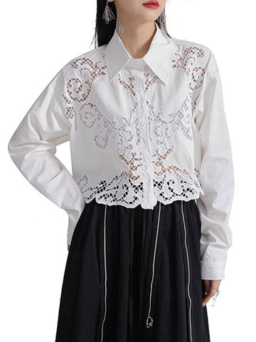 Lange Ärmel Lose Geknöpft Hohl Einfarbig Revers Blusen &amp; Hemden Tops 