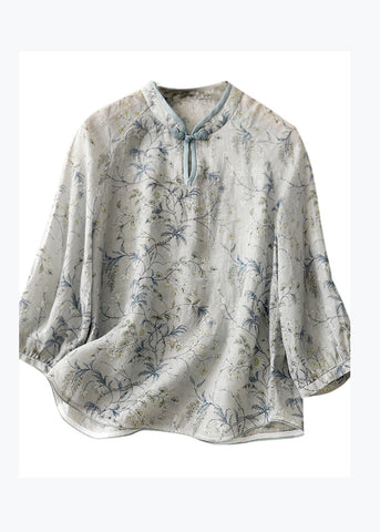 Bio-Baumwoll-Top mit Stehkragen und Armbandärmeln in Blau 