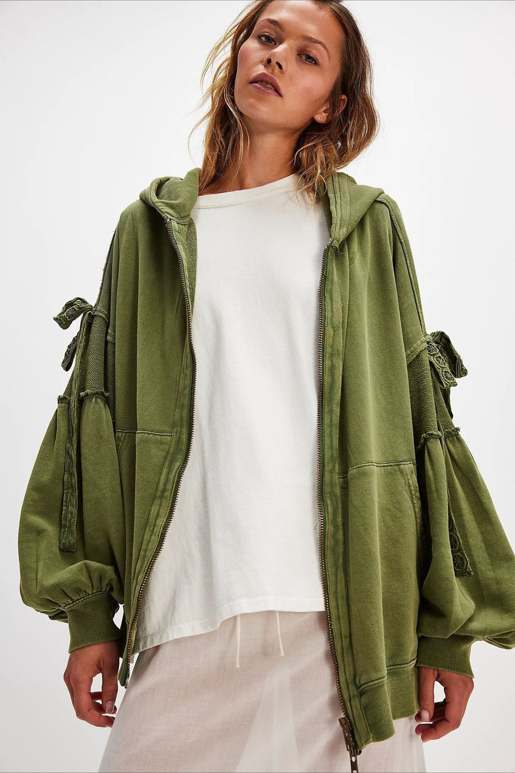 Oversized Lace Up Sleeve Zip Hoodie