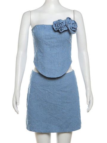 TARUXY Denim-Kleid-Sets für Damen, schulterfrei, schmale Crop-Tops, Spleißblume, Femme, sexy, rückenfrei, Tank-Top, Rock, 2-teilig 