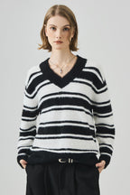 Striped V Neck Loose Long Sleeve Knit Sweater