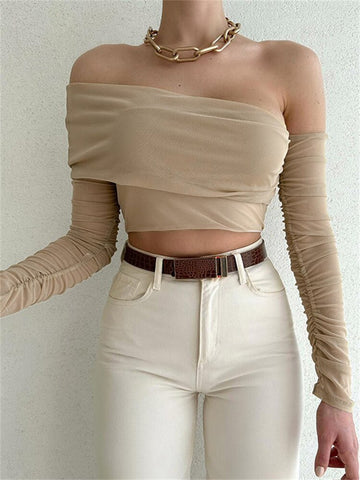 Tossy Sommer-Oberteil mit schulterfreiem, langärmeligem, transparentem Netzstoff, doppellagiges Wickeloberteil, gerüschte Spitze, kurze Oberteile für Damen, Neu 2023 