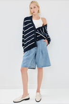 Flattering Striped V Neck Relaxed Knit Cardigan