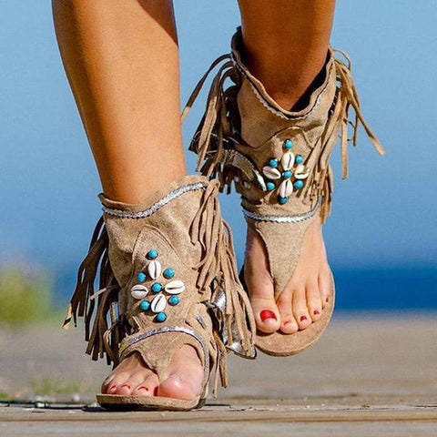 Women Retro Clip Toe Sandals Ladies Gladiator Vintage Boots Casual Tassel Rome Summer Beach Woman Shoes Female New