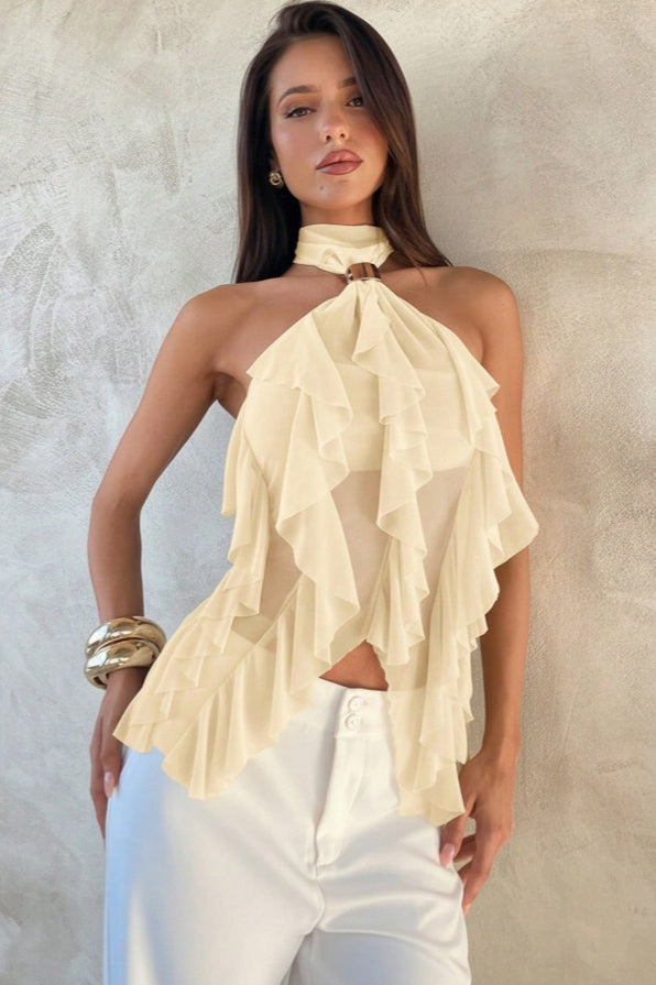 Chic Solid Ruffle Slim Halter Top