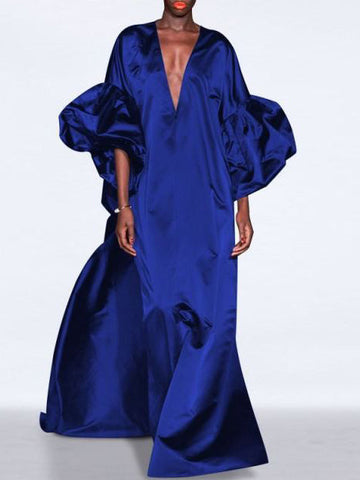 Vestidos largos holgados con mangas abullonadas y cuello en V en color liso 