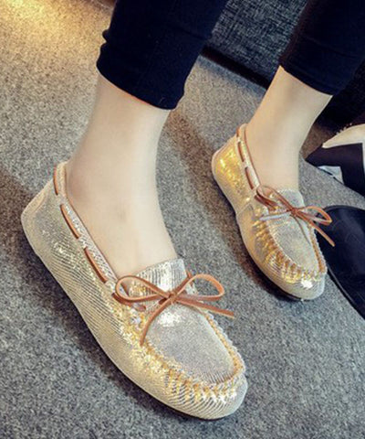 Einzigartige Spleißen Flache Schuhe Silber Pailletten Schleife Kunstleder 