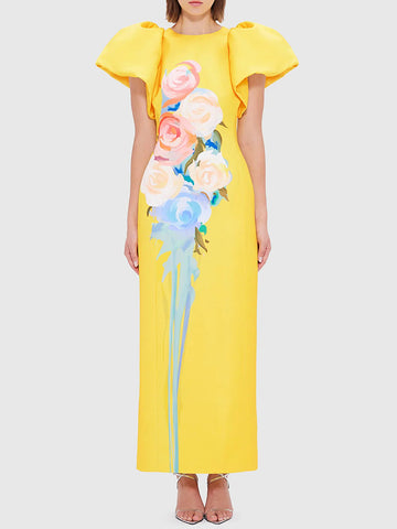 Short Sleeves Floral Printed Split-back Round-neck Maxi Dresses