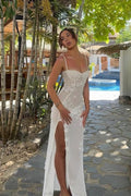 French 3D Floral Strap Waist-Cinched Split Maxi Dress
