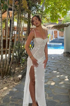 French 3D Floral Strap Waist-Cinched Split Maxi Dress