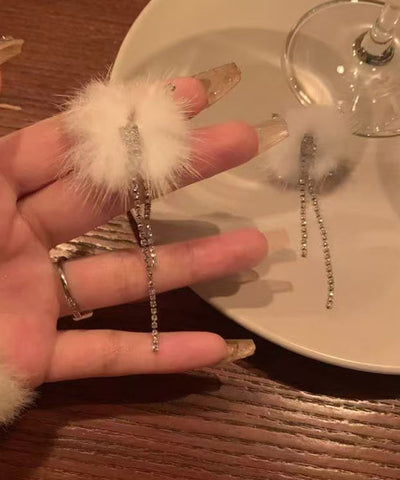 Elegant White Sterling Silver Alloy Fuzzy Ball Tassel Drop Earrings