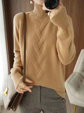 Casual Loose Long Sleeves Solid Color High-Neck Sweater Tops