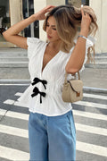 Bow Short Sleeve Casual Open Blouse