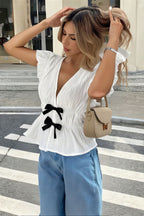 Bow Short Sleeve Casual Open Blouse