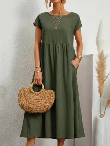 Vestidos midi holgados de manga corta, plisados, de color liso y cuello redondo 