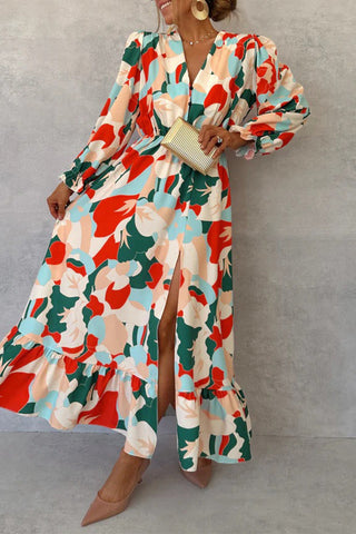 Elegante vestido de corte A con escote en V, fruncido y estampado floral 