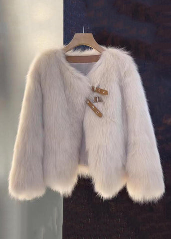 Frauen Kaffee Knopf Leder und Pelz Mantel Langarm 